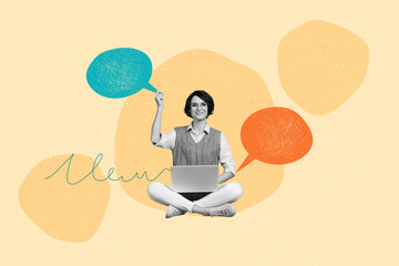 Composite photo collage of happy girl type macbook device cloud communication talk discussion...