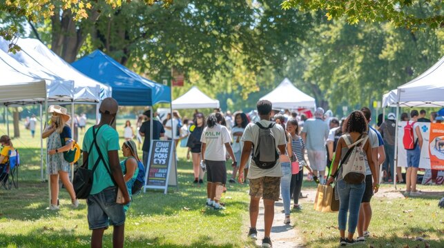 Outdoor summer fair with diverse people walking between booths.