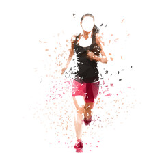 Running woman, isolated low poly vector illustration with shatter effect, front view