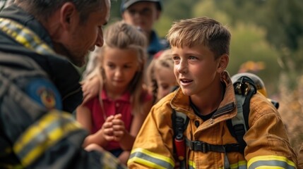 Smiling firefighter interacting with children during educational. International Firefighters' Day