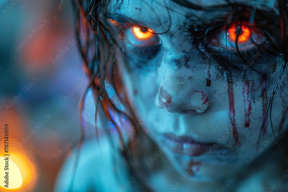 Poster a mesmerizing close-up shot capturing the play of blue and orange bokeh lights, creating a dreamy ba