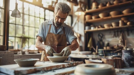 Artist shaping clay on pottery wheel with hands in sunny workshop.