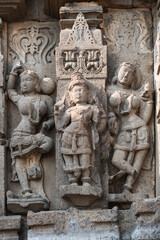 Sculptures or carvings of Ramayana on the outer wall of Lord Vishnu temple. Located in the backwater of Ujjani Dam, Palasdev, Indapur, Maharashtra, India.