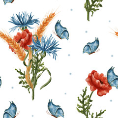 A bouquet of wheat, poppies and cornflower. Seamless watercolor pattern with red poppy flowers and ears of wheat. Wildflowers, butterflies.