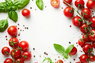 Table has a variety of natural foods like tomatoes and basil