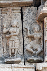 Sculptures or carvings of Ramayana on the outer wall of Lord Vishnu temple. Located in the...