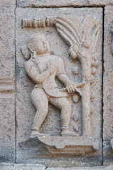 Sculptures or carvings of Ramayana on the outer wall of Lord Vishnu temple. Located in the backwater of Ujjani Dam, Palasdev, Indapur, Maharashtra, India.