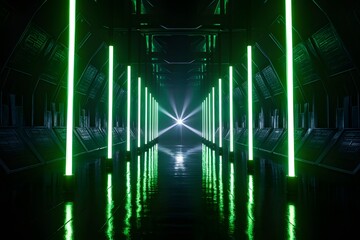 A dark, futuristic corridor illuminated by vertical, glowing green lights. The corridor has a reflective floor, and its walls are adorned with geometric patterns.