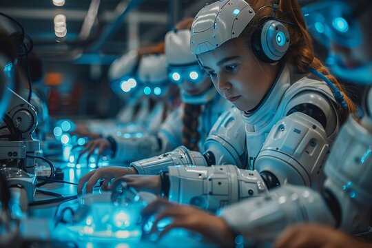 A depiction of factory workers with advanced robotic arms working on electronics production in a futuristic industrial setting