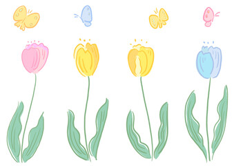 Tulips and butterflies, cute hand-drawn illustration set / チューリップと蝶(ちょうちょ)、かわいい手描きイラストセット
