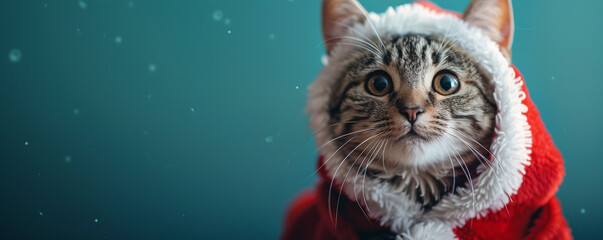 A lovable cat dressed as Santa poses against a solid background, allowing for copy space. 