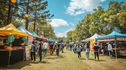 Outdoor food market with colorful lanterns and bustling crowd.