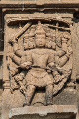 Sculptures or carvings of Ramayana on the outer wall of Lord Vishnu temple. Located in the backwater of Ujjani Dam, Palasdev, Indapur, Maharashtra, India.