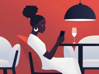 A stylized illustration of a woman in a white dress sitting at a table under a lamp, looking at her phone with a glass of wine beside her.