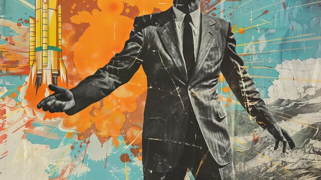 An autocrat presses the nuclear button. Collage art.