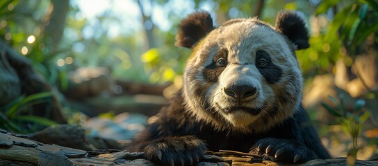 A carnivore panda bear is peacefully laying on a rock in the woods, gazing at the camera amidst a...