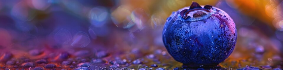 A panoramic macro shot captures the surreal landscape of a blueberry and dewdrops