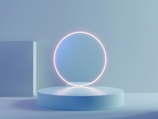 A futuristic product advertisement setting, a holographic floating stand with a subtle glow