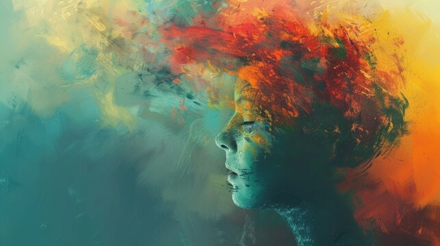 Abstract portrait of a woman with colorful paint splashes. National Mental Health Awareness