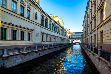 Canals with water in the center of St. Petersburg in Russia.