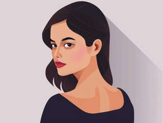 Vector illustration of a woman with dark hair and a side glance.
