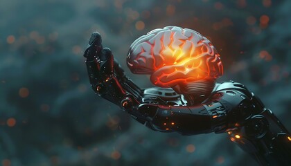 Explore the synergy between human cognition & AI in a captivating image. a robotic hand cradling a glowing human brain symbolizes the harmonious blend of technology & organic intelligence - obrazy, fototapety, plakaty
