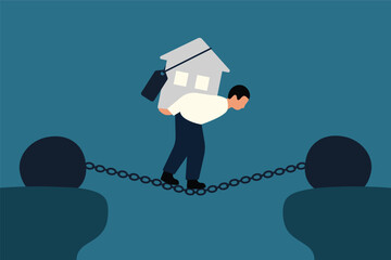 Residential Real Estate Market Volatility, House Market Prices are Volatile. Businessman Carries House Over Cliff, Symbolizing Housing Debt. Vector Illustration