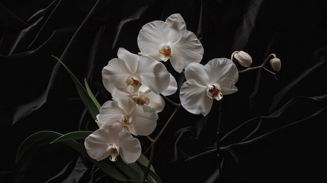 Glossy white orchids against a deep black velvet backdrop