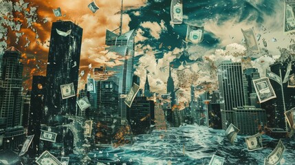 A metaphor for financial crisis, economic collapse. Collage art. - obrazy, fototapety, plakaty