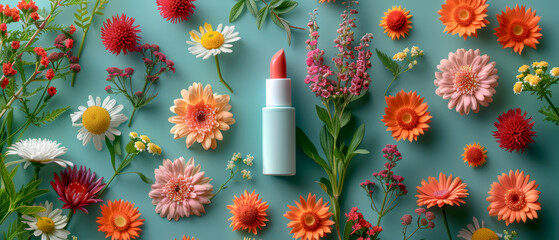 Top view white bottle lipstick placed in middle of field of flowers background