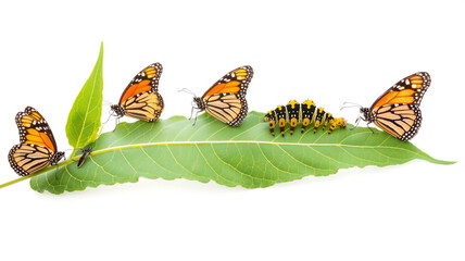 Monarch butterflies and caterpillar on a green leaf, white background.