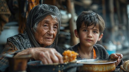 Elderly woman and grandson sharing a meal in a humble setting. World Refugee Day