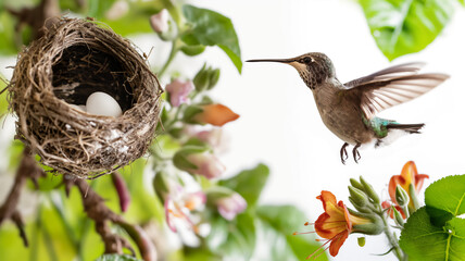 Hummingbird in flight near a nest with an egg, vibrant flowers in the background.