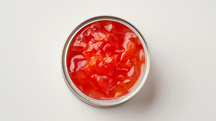 Open can of diced tomatoes on a white surface, showing vibrant red pieces.