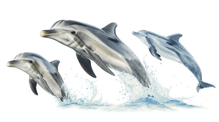 Three dolphins leaping joyfully from water, splashing, isolated on white background.