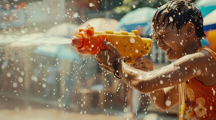 A man is playing with a water gun, spraying water at another person - obrazy, fototapety, plakaty