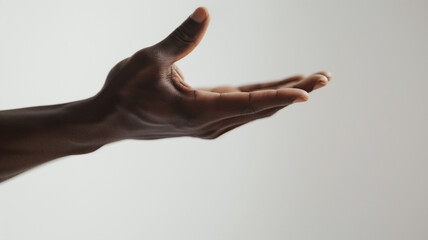 Outstretched African American hand, palm up against a white background.