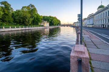The Neva River from the granite embankment in St. Petersburg in Russia.