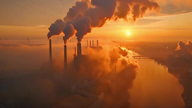 Large factory emits thick smoke, active operations and pollution. Depicts environmental impact and industrial production.