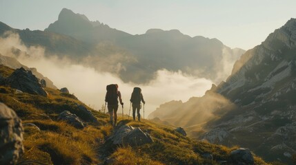 Two hikers walking on mountain trail at dawn with misty landscape.