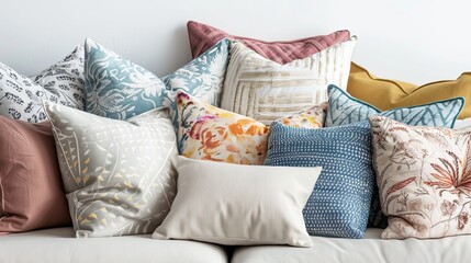 A collection of various stylish decorative pillows presented on a white background, formatted as a banner design - obrazy, fototapety, plakaty