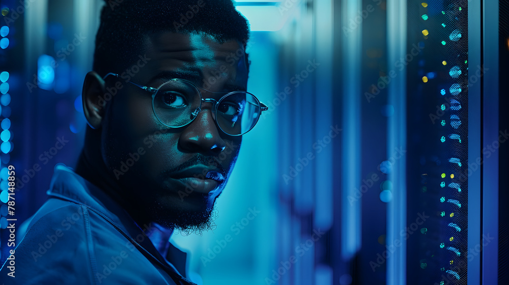Poster Waist up portrait of African American data engineer looking at camera while working with supercomputer in server room lit by blue light copy space : Generative AI