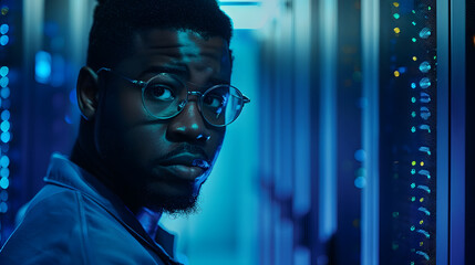 Waist up portrait of African American data engineer looking at camera while working with supercomputer in server room lit by blue light copy space : Generative AI