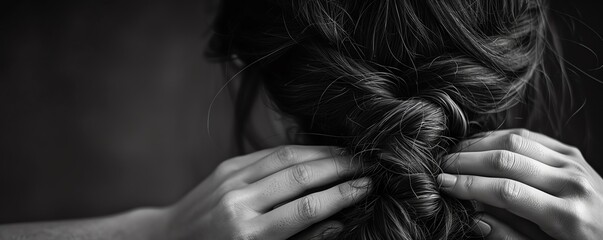 Black and white photo of a woman's hands weaving through her hair, emphasis on elegance and timeless beauty, minimalist style