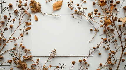 top view of dry branches with leaves and flowers and white card with copy space