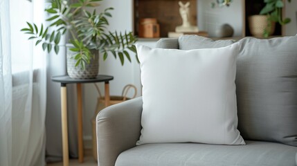 A mockup of a white square canvas pillow on a grey armchair, placed in a living room interior