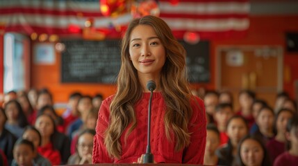 Fototapeta premium Young woman speaking at a school event with an audience. National Teacher Day in the USA