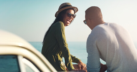 Happy couple, laughing and beach with car for road trip, funny joke or outdoor travel in nature....