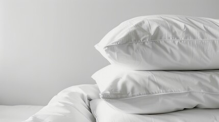 A stack of white pillows isolated on a white background in a hotel or resort room, illustrating the concept of comfortable sleep