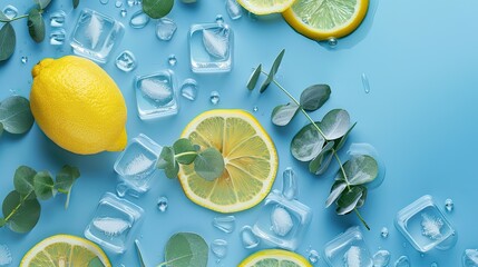 fresh sliced lemon and lime fruits on a blue background with ice cubes and waterdrops